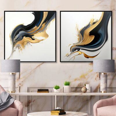 Noir, blanc et or liquide - ensemble de 2 collages carrés modernes