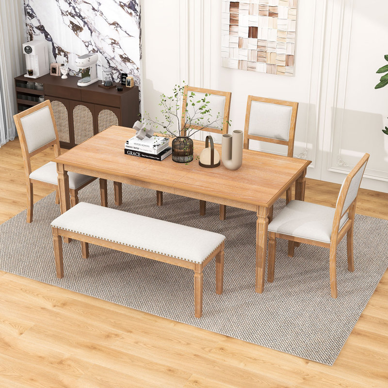 Ensemble de table de salle à manger extensible pour 6 personnes avec table rectangulaire, 4 chaises rembourrées et banc Vintage
