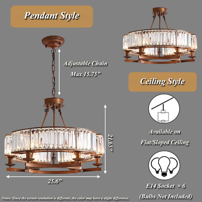6-Light 25.6" Dual-Mount Geometric K9 Crystal Chandelier