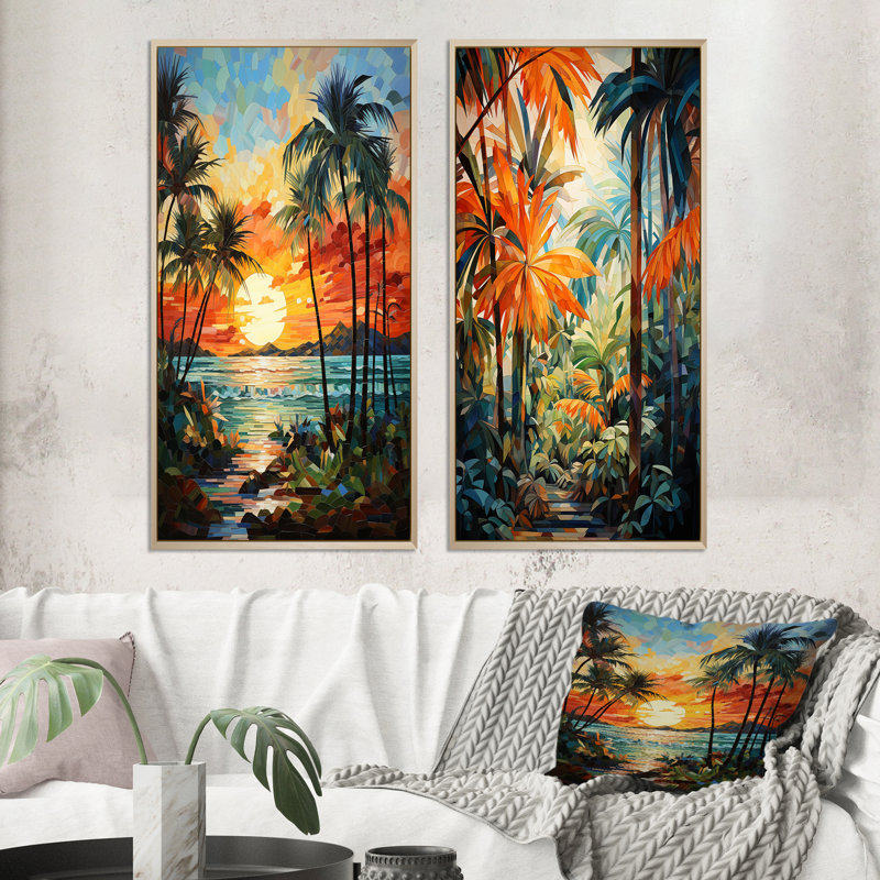 «Orange Palm Trees Mosaic», 2 pièces, H 32 po x l 32 po, Encadrement brun