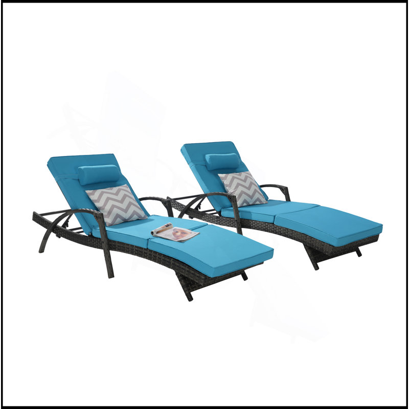 Ensemble de 2 chaises longues d'extérieur en osier avec coussins, chaise longue inclinable en osier, Bleu clair