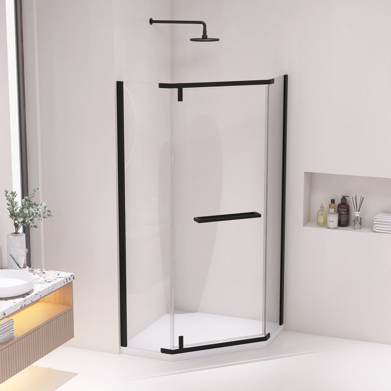 Porte de douche de coin semi-sans cadre avec porte-serviettes et verre trempé transparent l 36 po x P 36 po x H 72 po, Noir