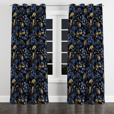 Gold And Blue Luxury Damask Serenade II - Bohemian Blackout Grommet Curtain - 1 Panel