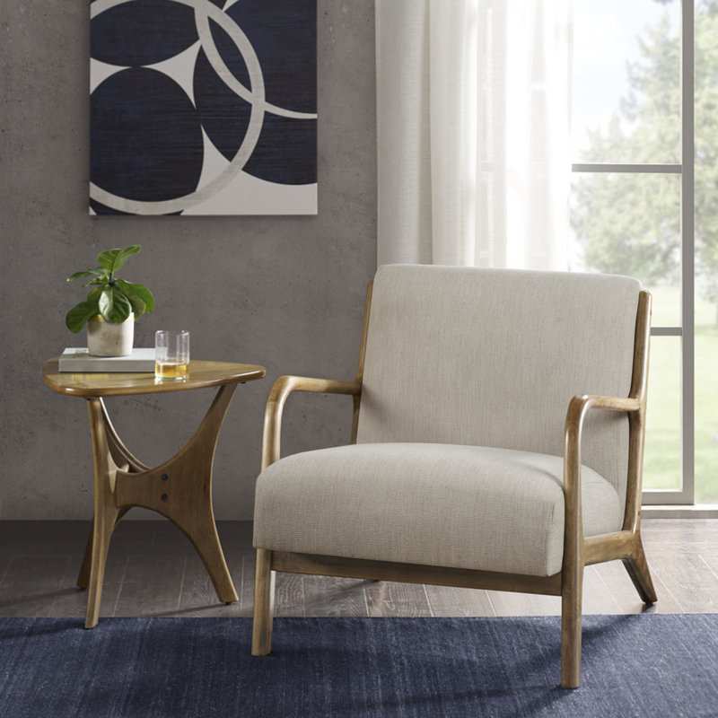 Novak Upholstered Mid-Century Armchair with Wood Arms and Frame, Cream Chenille, Natural