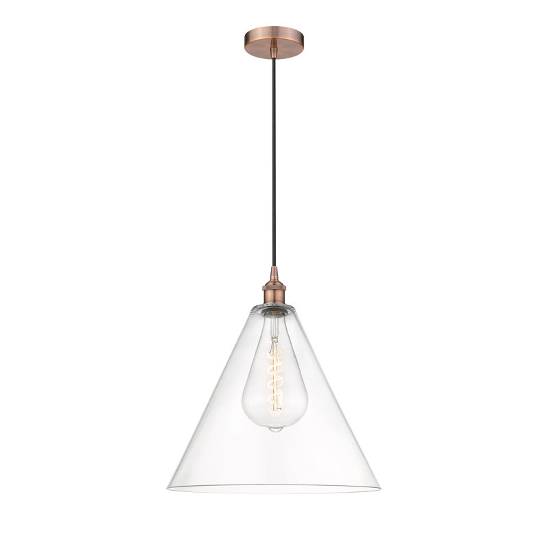 Luminaire suspendu conique à 1 lumière Bluford, H 13,75 po x l 12 po x P 12 po, Transparent, Cuivre antique