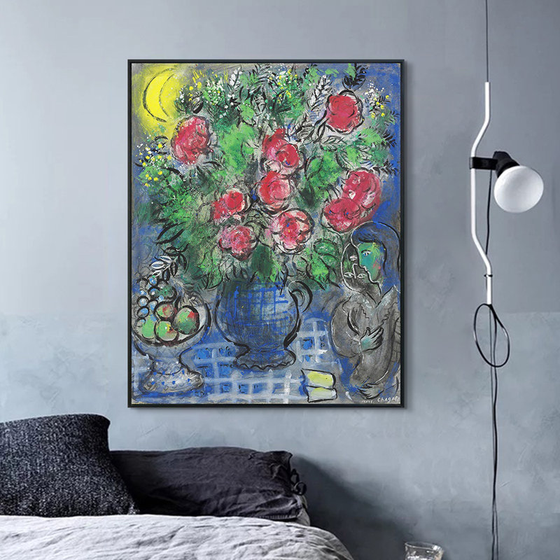 Impression sur toile encadrée, "Bouquet de roses" par Moonlight par Marc Chagall, art mural pour le salon, décorations de bureau à domicile