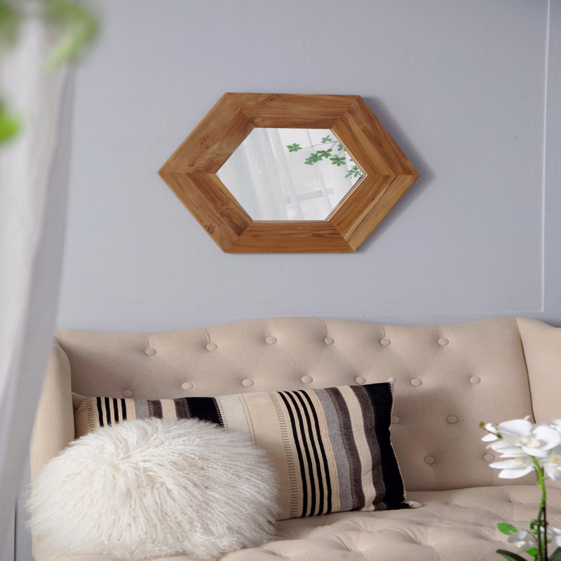Miroir hexagonal 18,5 "x 18,5" avec cadre en bois naturel, décoration murale, Marron clair
