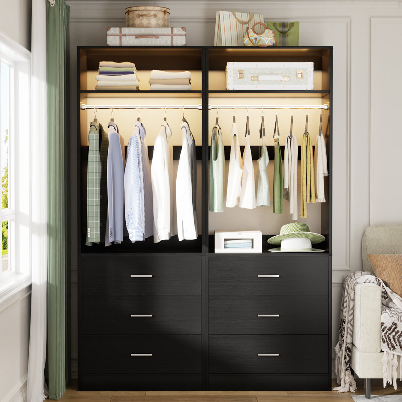 Freestanding 48" Closet System With 6 Wood Drawers, Black