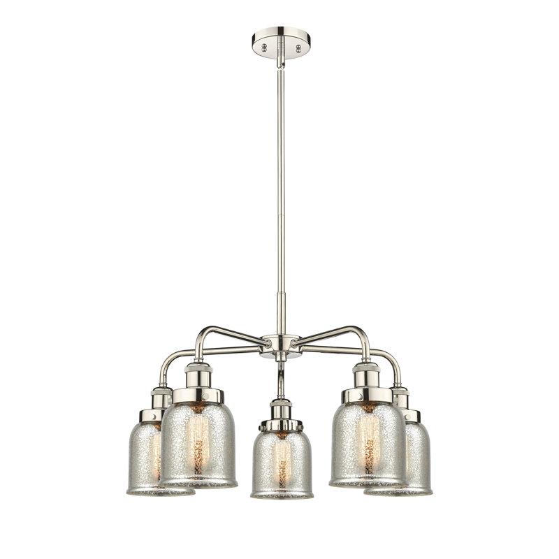 Lustre en verre à 5 lumières Bell, Argent mercuré plaqué, Nickel poli