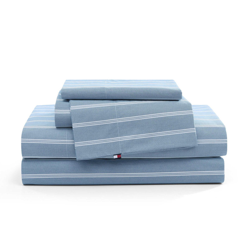 Tommy Hilfiger Printed Percale Cotton Sheet Set, Queen Sheet Set with 2 Pillowcases, Blue Striped