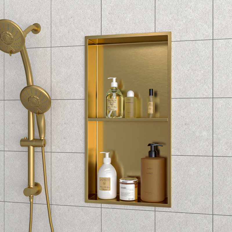 13" X 25" Stainless Steel Shower Niche Double Shelf, Gold, Gold