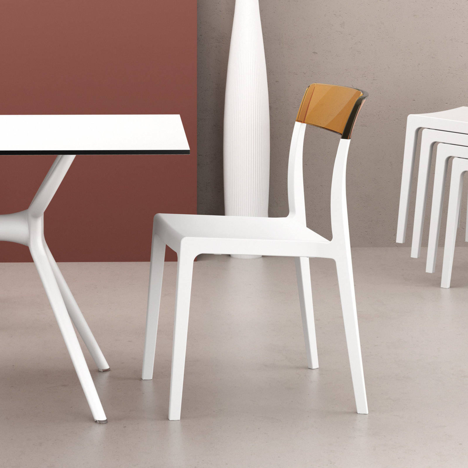 Kliebert Stackable Patio Side Chair, White/Transparent Amber