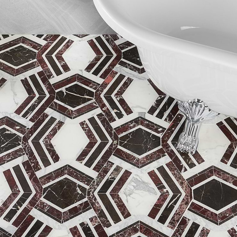 Mezzo 11x18 Polished Calacatta Marble Mosaic Tile, Bordeaux Polished