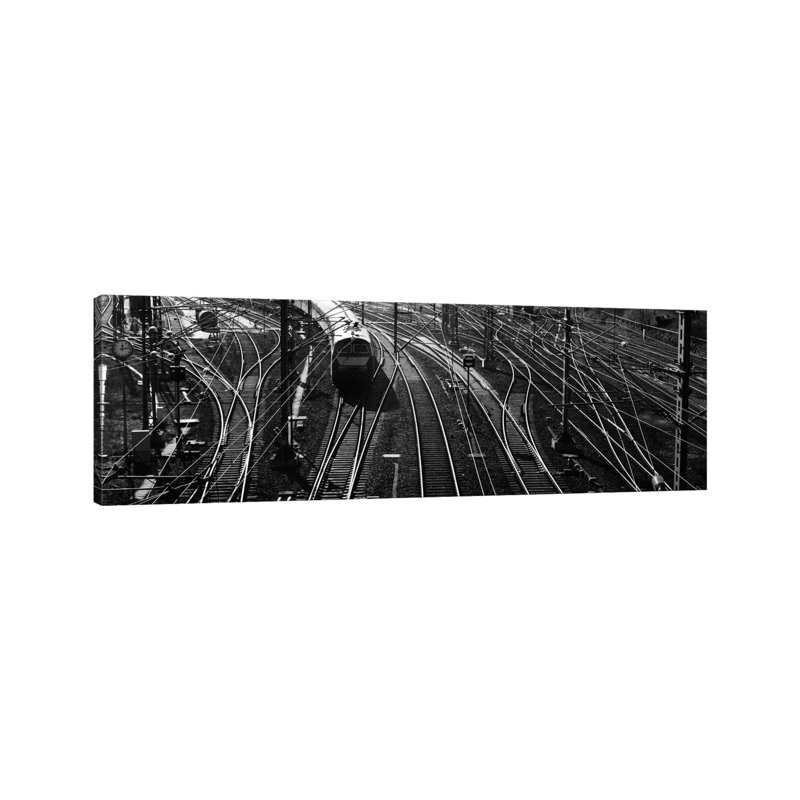 High Angle View Of A Train On Railroad Track In A Shunting Yard, Germany - Wrapped Canvas Panoramic Print