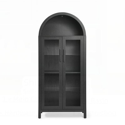 Modern Retro-Style Wooden Storage Cabinet with Adjustable Glass Partitions and High Arched Design for Multi-Functional Kitchen Use