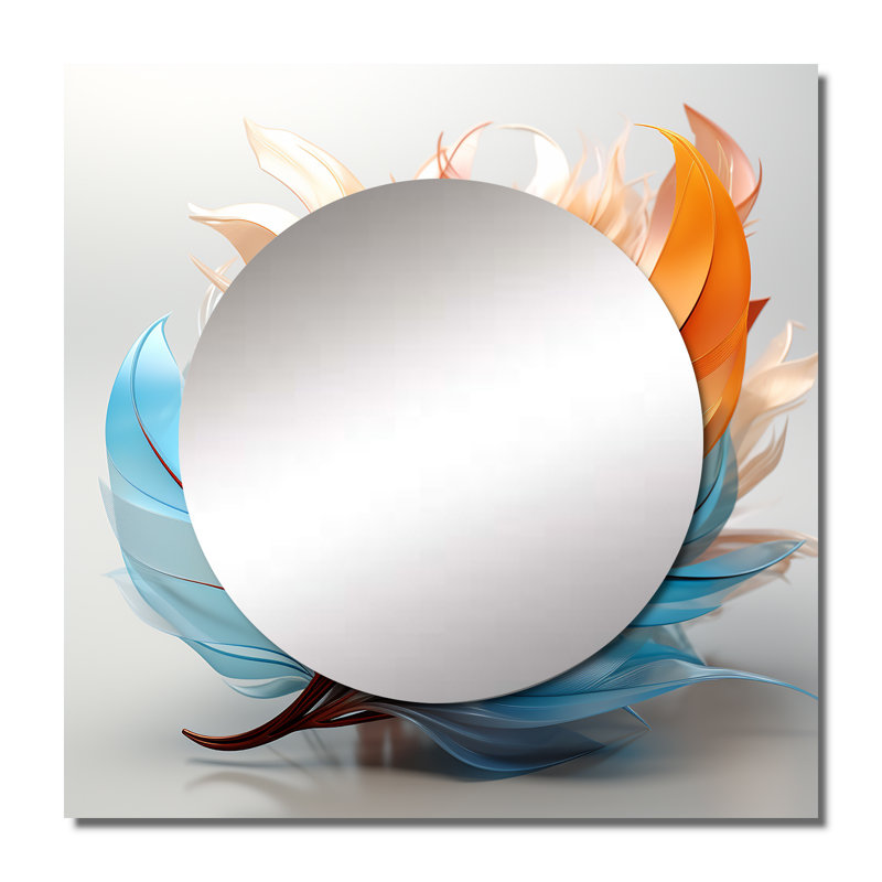 Art mural miroir Fractal Boho Feather ambre orange et turquoise I, 23 po x 23 po
