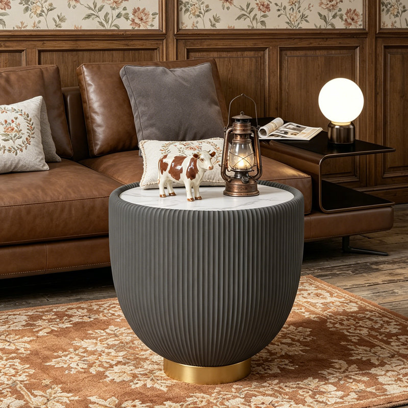 Table de bout moderne et moderne en marbre avec dessus en cuir et base en métal, luxueuse et élégante pour la décoration intérieure