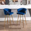 Tabourets de bar en velours bleu de 66 cm (26 pouces), ensemble de 2, pieds dorés avec repose-pieds, 2 places assises confortables, style classique.