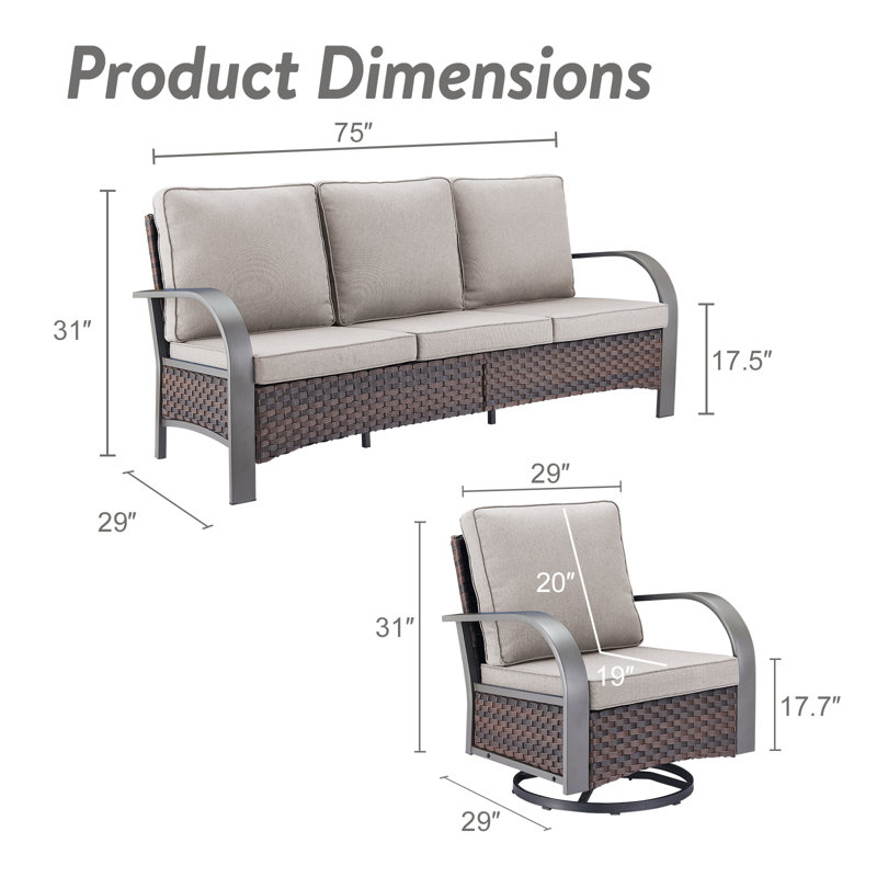 Ensemble de conversation avec canapé en rotin 3 pièces avec coussins Bobra, Beige