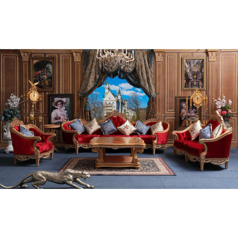 Ensemble de salon de luxe classique 5 pièces - Bois massif sculpté à la main avec un riche revêtement rouge