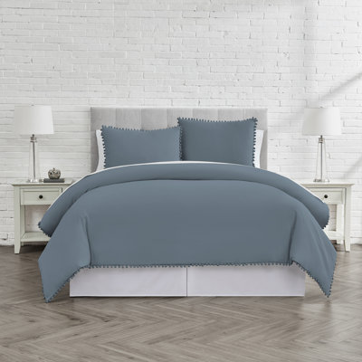 Southshore Fine Linens Pom-Pom Steel Blue Full/Queen 3-Piece Textured Duvet Cover Set with 2 Standard Shams, Hidden Zipper & Corner Ties