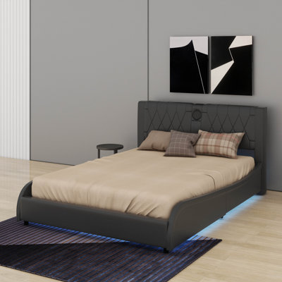 Luxurious Faux Leather Upholstered Platform Bed With Thickened Headboard, Bluetooth Speakers And RGB LED Light