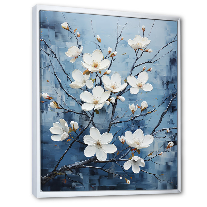 «Dogwood» gris et bleu Expression II sur toile, Cadre flottant blanc, H 32 po x l 16 po x P 1 po