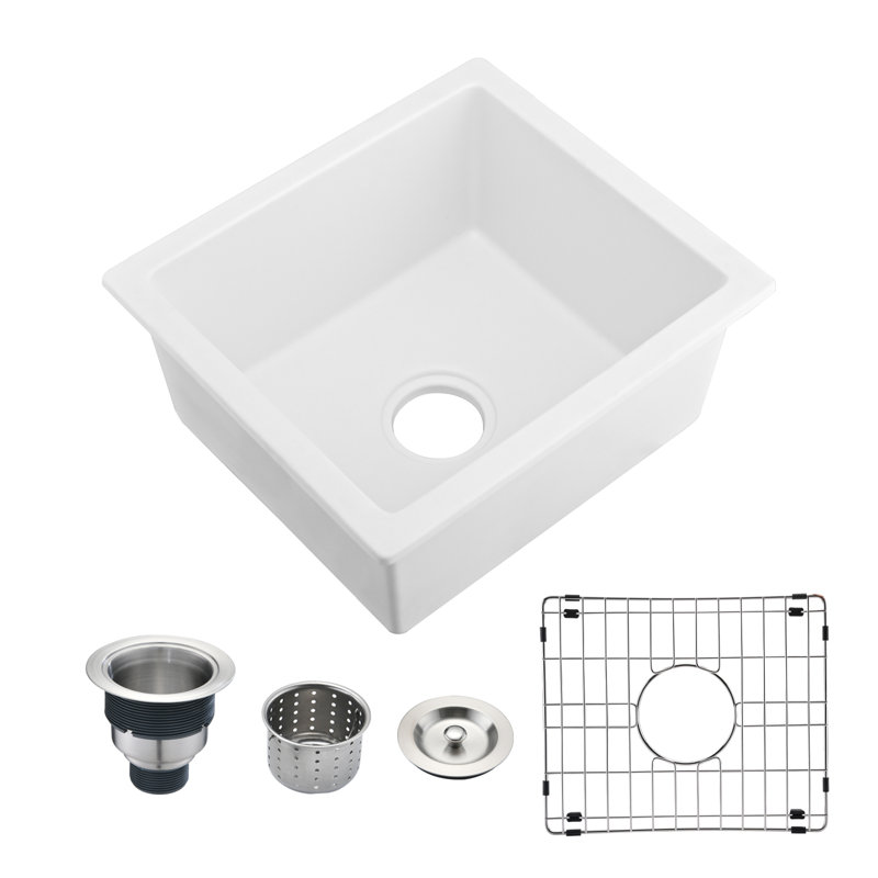 Évier de cuisine en granite à simple cuve encastrable 18 po L, Blanc
