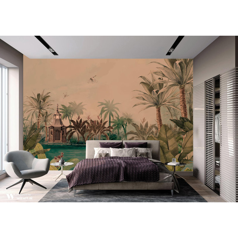 Mur de cygnes palmiers tropicaux, L 110,04 po x l 122 po, Rose