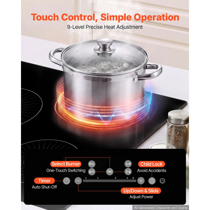 Surface de cuisson à induction, 30 po, 5 brûleurs, surface de cuisson magnétique intégrée de 9 200 W, écran tactile DEL, 9 niveaux de chauffage, 220 V