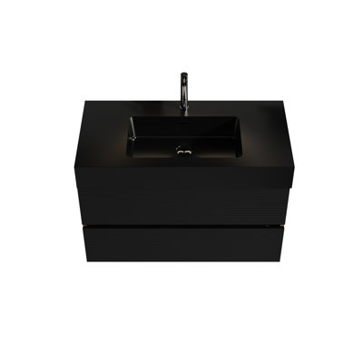 Meuble-lavabo de 36 po Grace avec panneau de grille noir et épissure couleur noyer, conception murale en noyer, compartiments de tiroir spacieux pour les articles