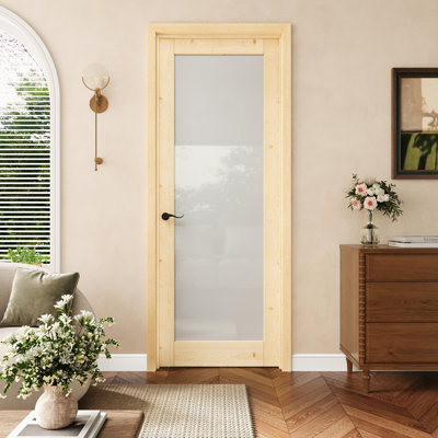 Porte pré-suspendue intérieure en bois de pin et verre givré 28 po x 80 po 1-Lite avec charnières noires, dalle de porte d'intimité en verre avec cadre, porte intérieure comme garde-manger, porte de chambre à coucher, porte de buanderie, portes de placard, portes de pièce, droite