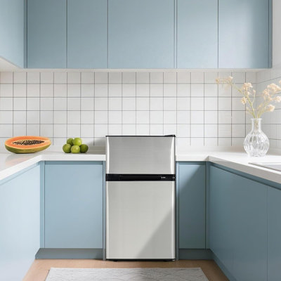 Double Door Mini Fridge with Freezer, 3.1 Cu.Ft - Stainless Steel Compact Refrigerator, Adjustable Thermostat, Removable Glass Shelves for Small Spaces, Dorm, Apartment