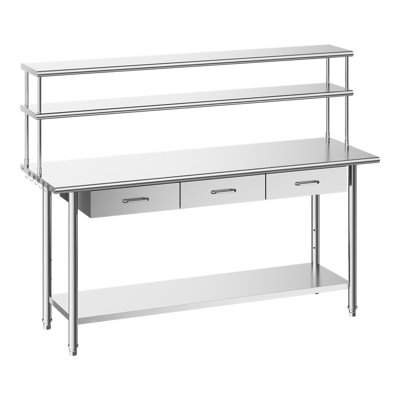 Table de travail en acier inoxydable, table de préparation des aliments de 24 po x 72 po avec tablettes et 3 tiroirs, poste de travail de cuisine commerciale avec tablette inférieure réglable, table de travail utilitaire en métal, pour le garage du restaurant