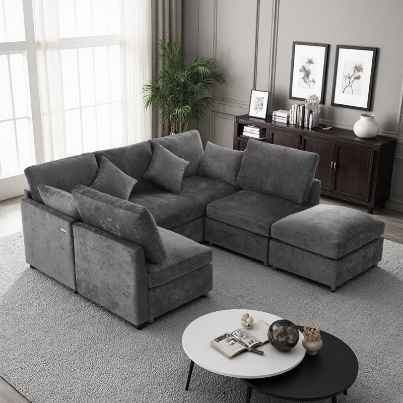 Canapé modulaire noir avec repose-pieds mobile et ports USB, forme U / L flexible pour une vie moderne, Chenille noir