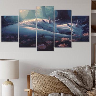 Cute Unicorns Sleeping Together In Flowerfield VI - Fantasy Unicorn Wall Decor - 5 Panels