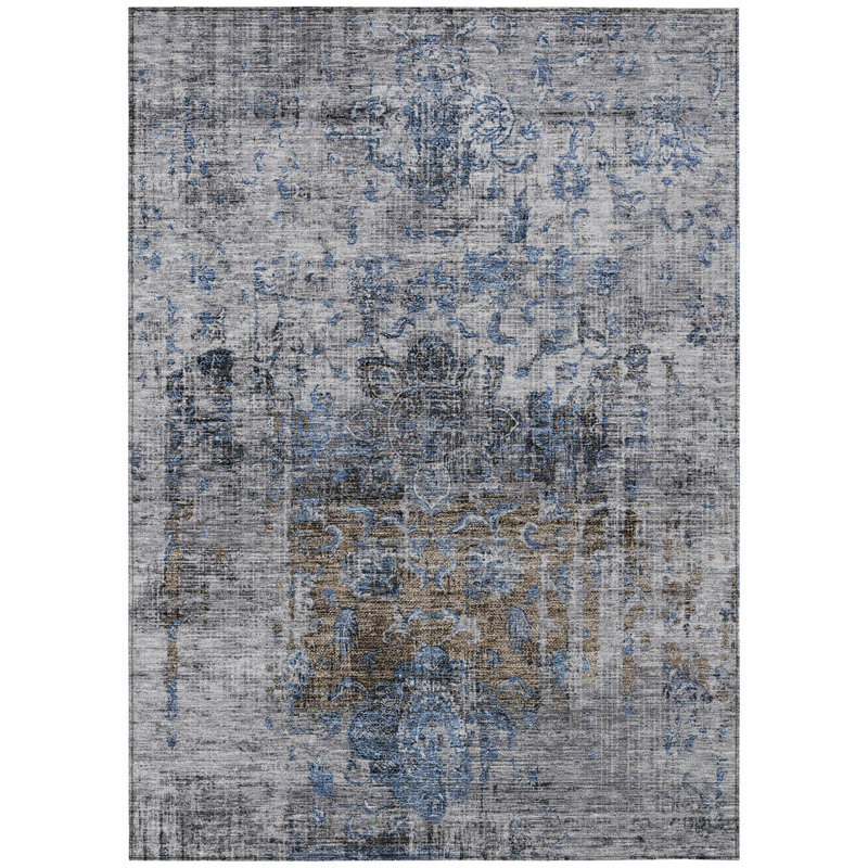 Tapis d'intérieur lavable à motif floral bleu et gris 5 pi x 8 pi