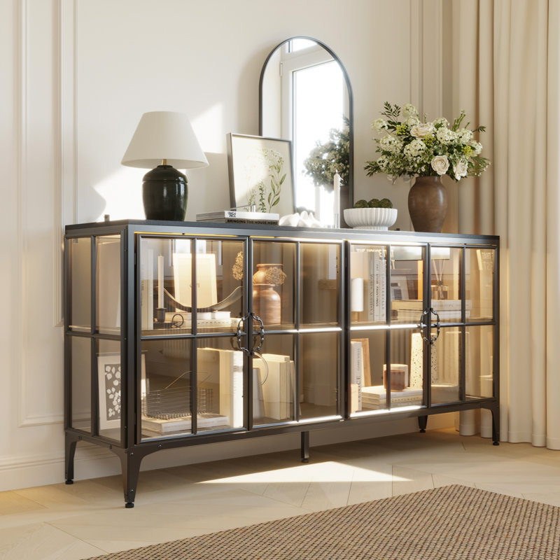 4-Door Accent Cabinet With Tempered Glass And Adjustable Lights