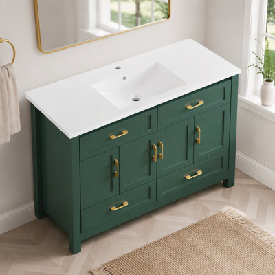 Meuble-lavabo de salle de bain de 48 pouces avec lavabo en résine, grand espace de rangement avec 4 portes à fermeture en douceur et 4 tiroirs.