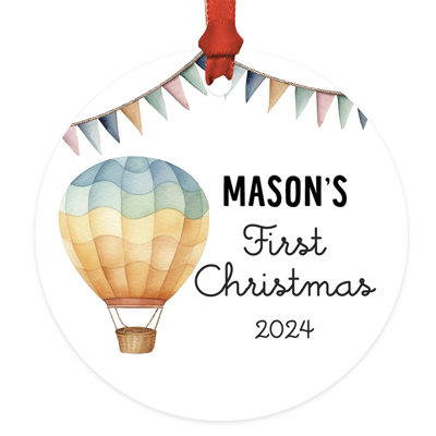 Custom Baby's First Christmas Ornament 20XX Pastel Rainbow Hot Air Balloon