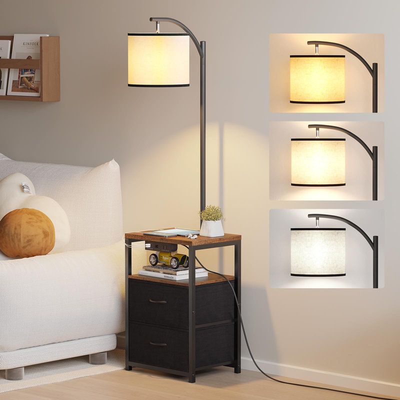 Floor Lamp with Table & 2 Drawers, Rustic Brown