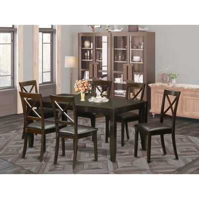 Ensemble de table de salle à manger 7 pièces composé d'une table de cuisine rectangulaire avec rallonge papillon et 6 chaises en similicuir, cappuccino