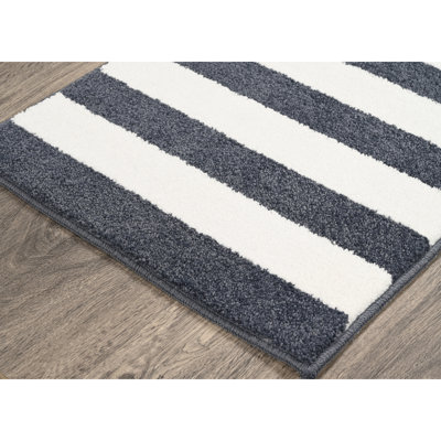  Beach Stripe 21 in. x 34 in. Washable Bath Rug Slate Blue/White