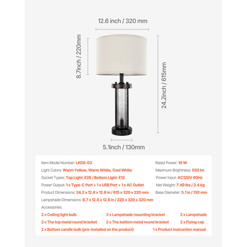 Lampes de table Table de chevet de ferme avec ports USB, lampe de bureau