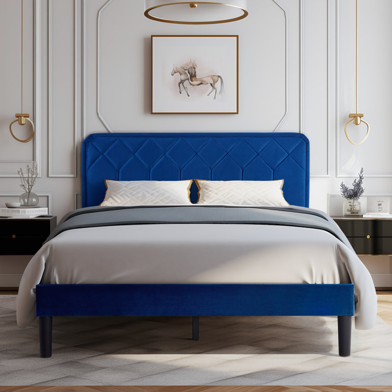 Queen Platform Bed Frame with Velvet Upholstered Headboard and Wooden Slats Support, Mattress Foundation/No Box Spring Needed