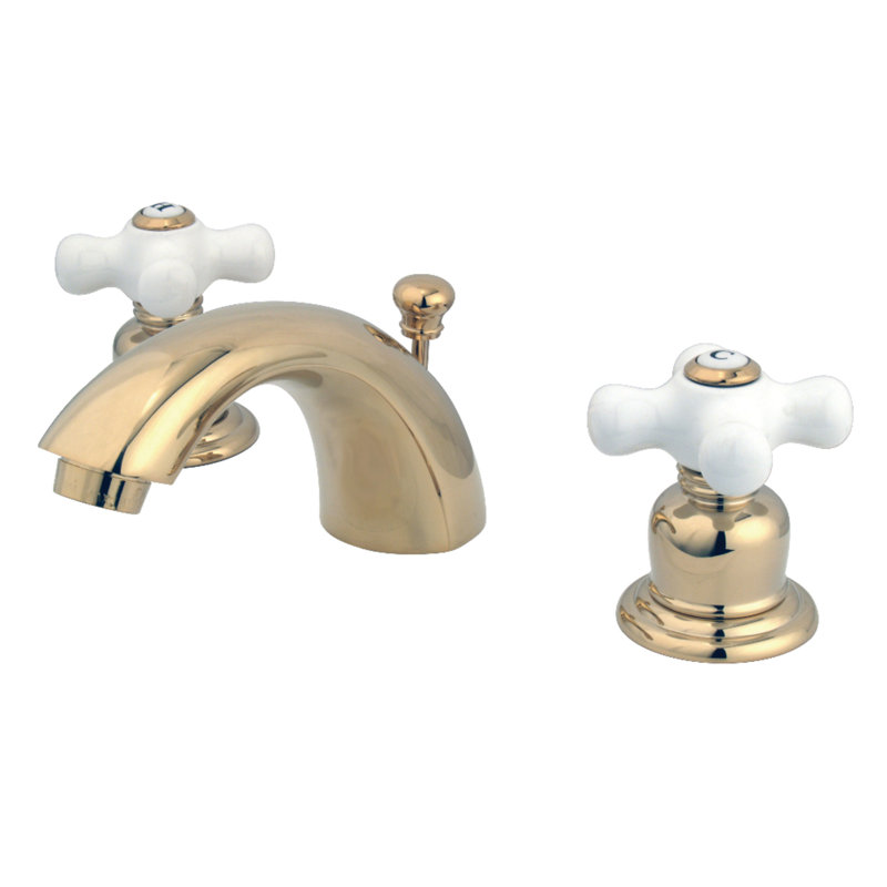 Kingston Brass Victorian Two-Handle 3-Hole Deck Mount Mini-Widespread Bathroom Faucet with Plastic Pop-Up, Polished Brass