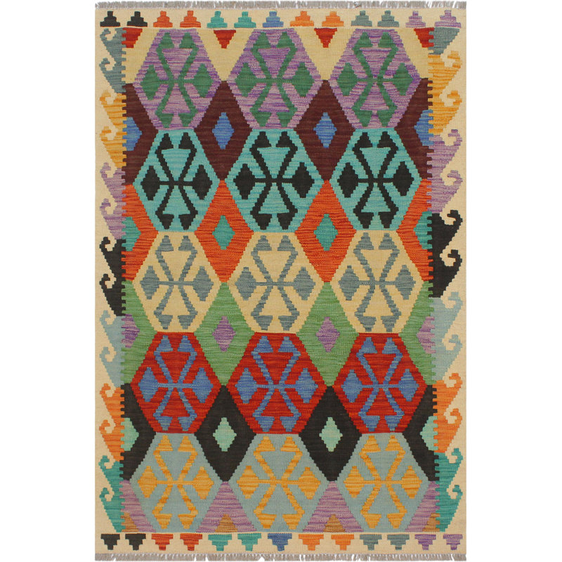 Tapis bleu / beige en laine tissé à la main de style tribal / géométrique / rectangulaire Southeastern de 3 pi 3 po x 5 pi 1 po Cedorah