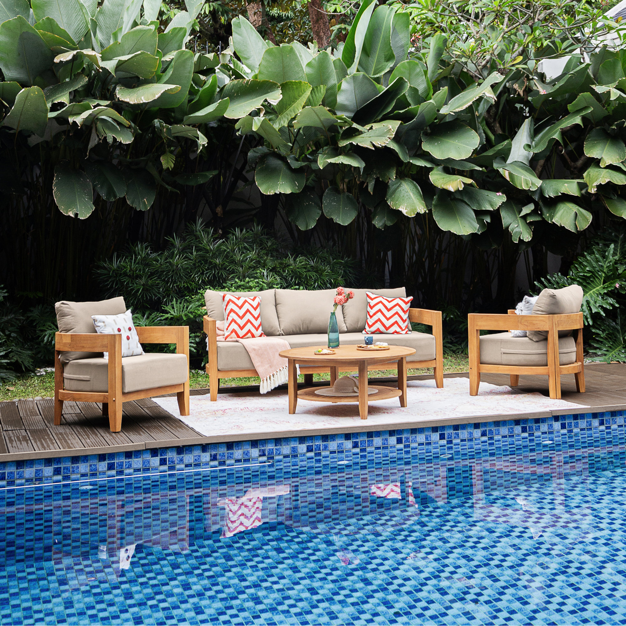 Keaton 5-Person Teak Outdoor Conversation Set With Cushions, Beige