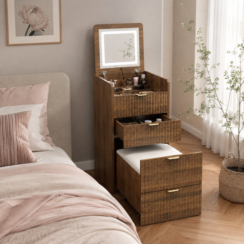 Ensemble de coiffeuse compacte 3 en 1 avec tabouret à roulettes, coiffeuse en noyer avec 3 tiroirs, miroir rabattable avec lumières intégrées pour petite chambre à coucher