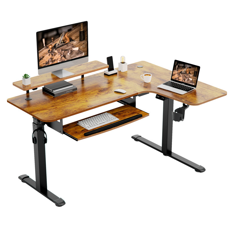 Adjustable L-Shaped Metal Base Standing Desk, Right Hand Return, Rustic Brown/Black